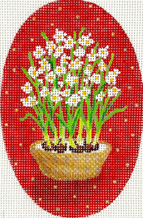 Paperwhites in Gold Bowl on Red w/ Gold Dots XM-183