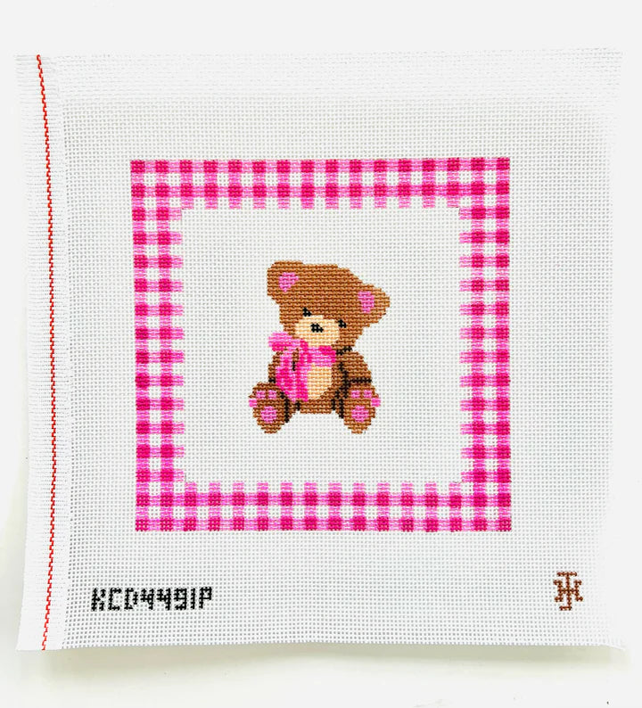 Teddy Bear with Gingham Border Pillow - Pink KCD4491P
