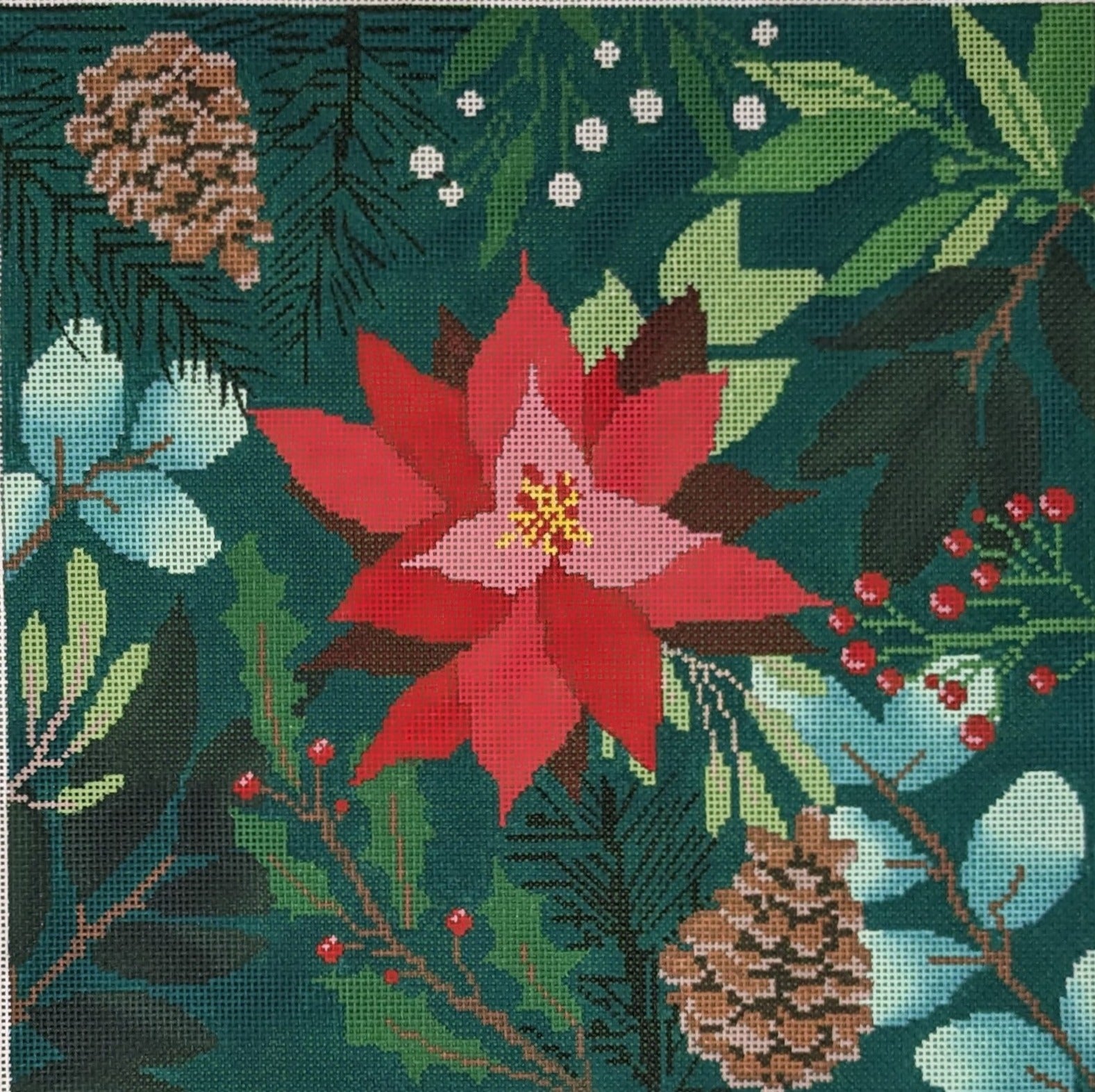 Botanical Pillow-Green w/ Red Flower  LL-PW-7b