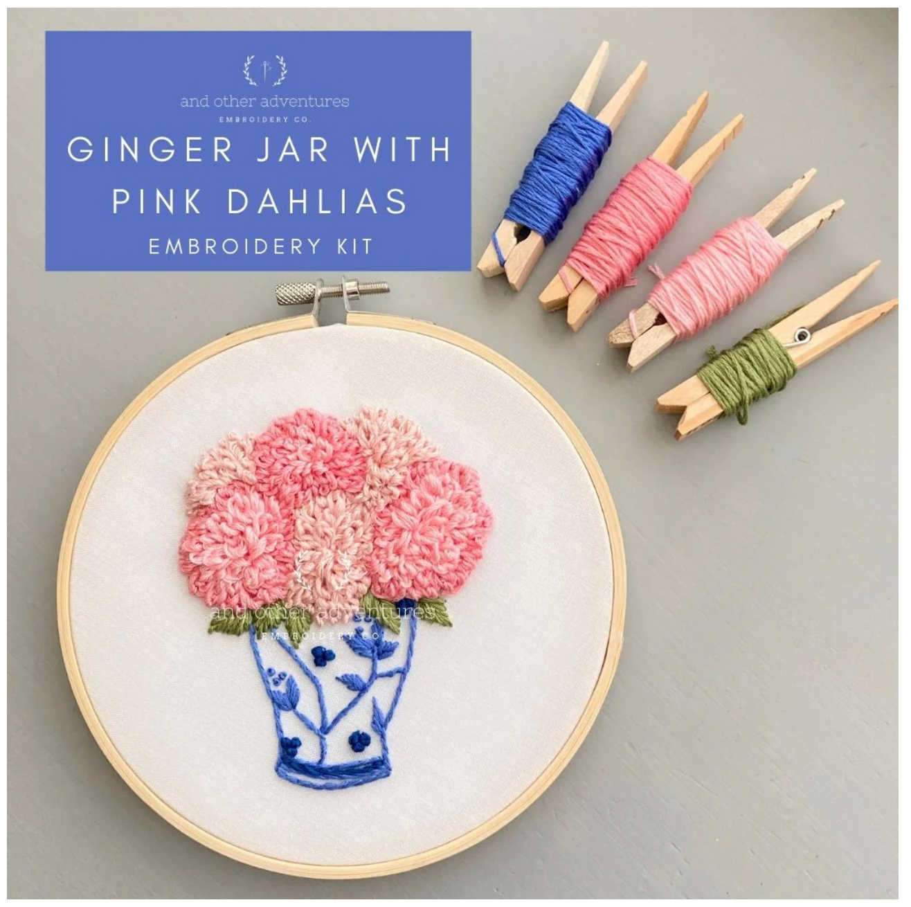 Ginger Jar with Pink Dahlias Embroidery Kit